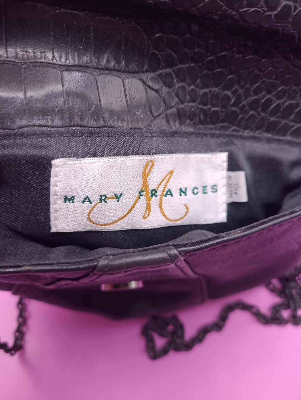 Vintage Mary Frances Black Leather Crossbody Purse Beaded Flowers Metal Chain - Picture 11 of 13